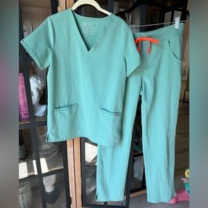 Figs Teal Scrub Set with Neon Orange Drawstring